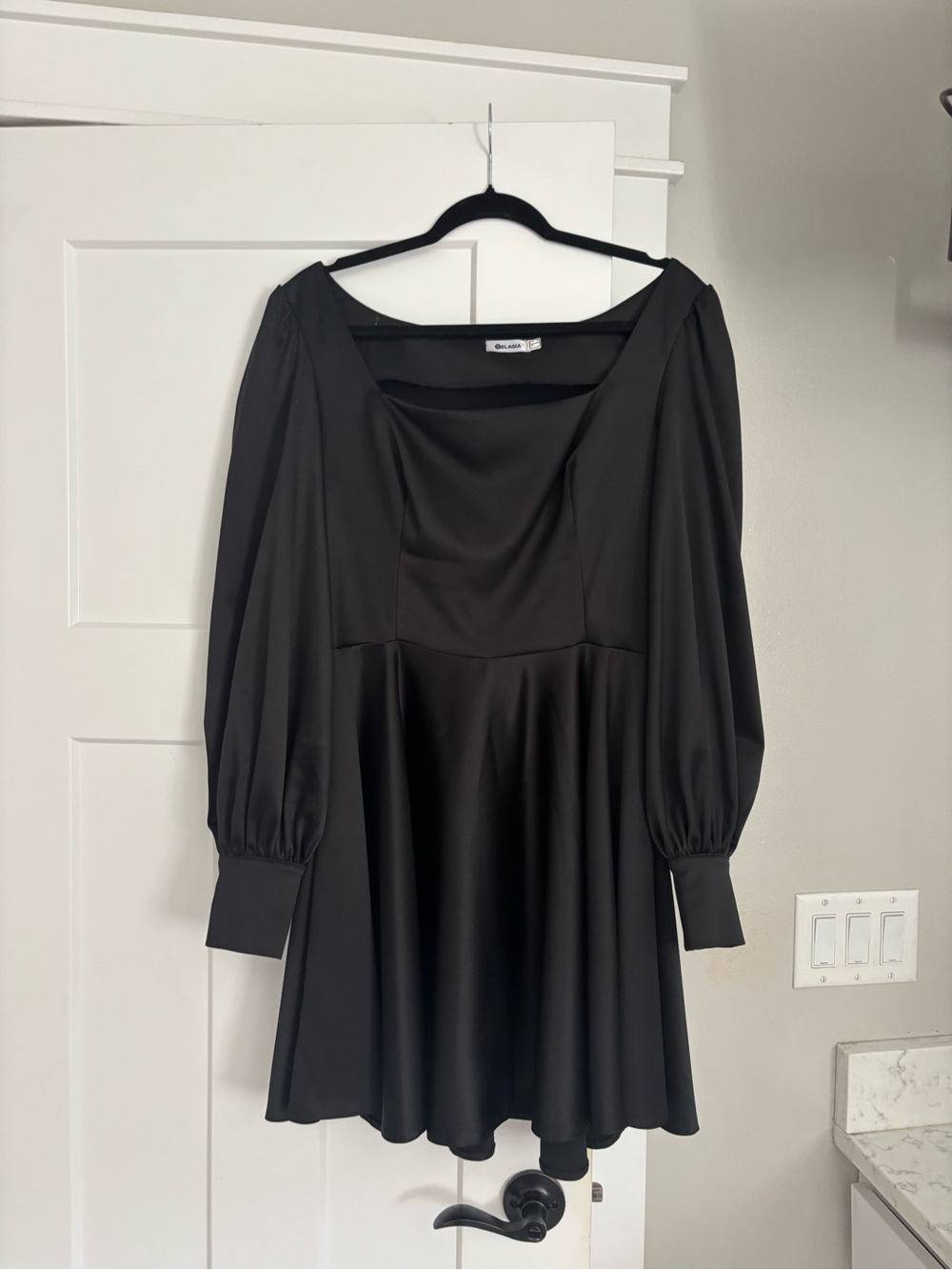 Sleek Black Satin Long-Sleeve Square-Neck Mini Dress